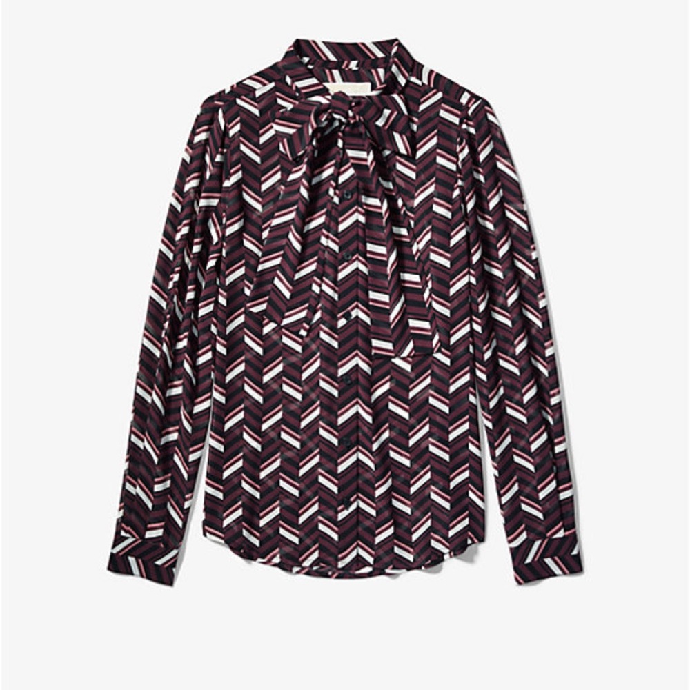 Michael Kors Womens Georgette Tie-Neck Button Down Blouse, L